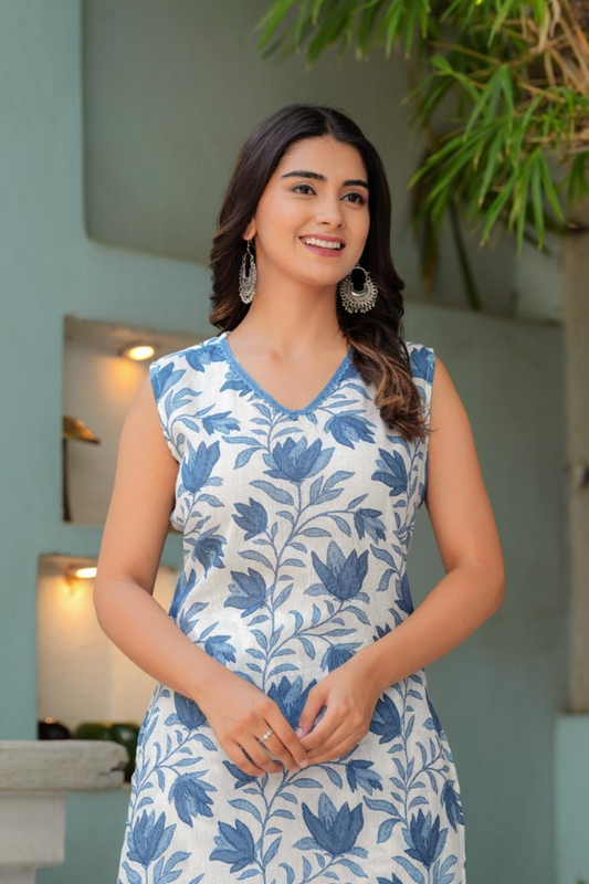 Blue Floral Handblock Printed Cotton Sleeveless Kurta Set for Women β Elegant Summer Co-ord Set - Nakh Clothing