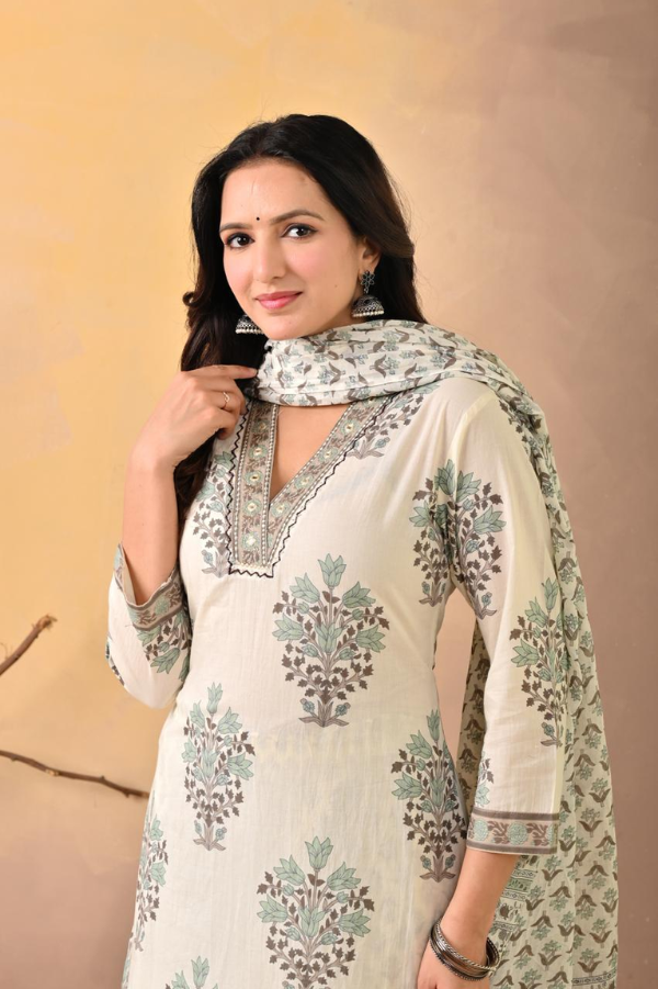 Cream Handblock Printed Cotton Kurta Set with Printed Pant & Dupatta – Ethnic 3-Piece Suit Set for Women - Nakh Clothing