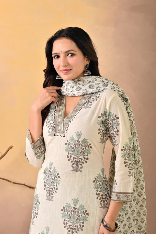 Cream Handblock Printed Cotton Kurta Set with Printed Pant & Dupatta – Ethnic 3-Piece Suit Set for Women - Nakh Clothing