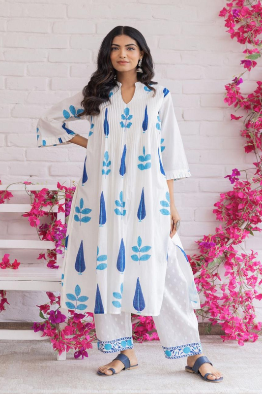 Pure Cotton White Kurta Set with Blue Handblock Print & Embroidered Pants – Elegant Summer Ethnic Wear for Women - Nakh Clothing