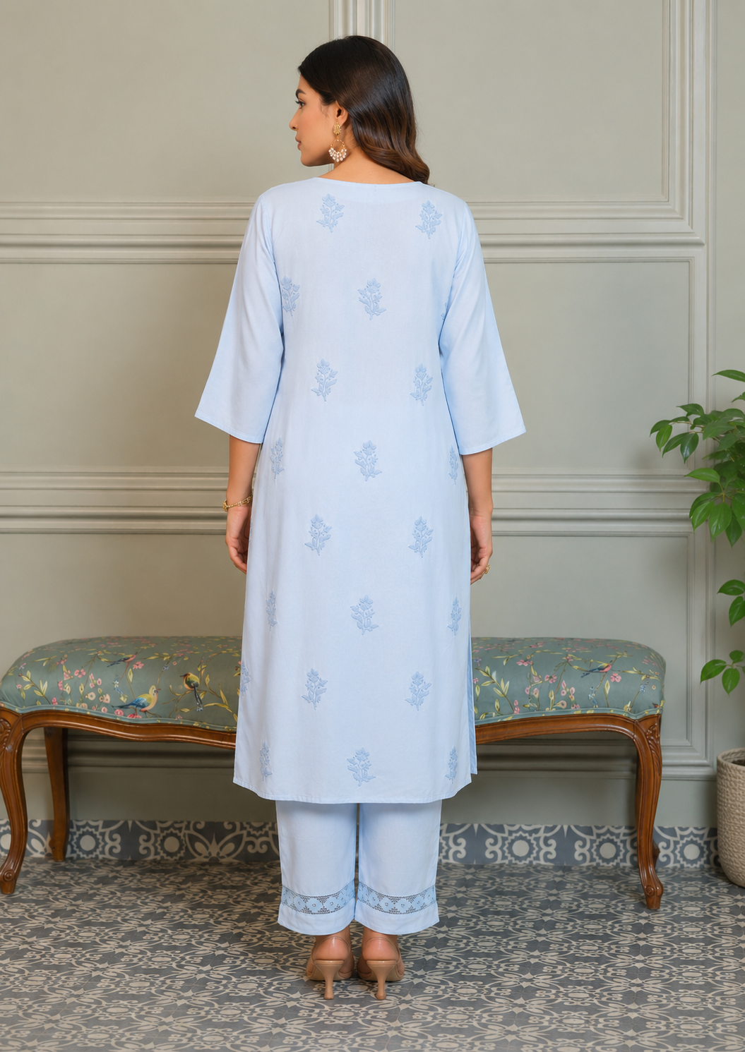 Women’s Sky Blue Chikankari Embroidered Rayon Co-Ord Set - Nakh Clothing