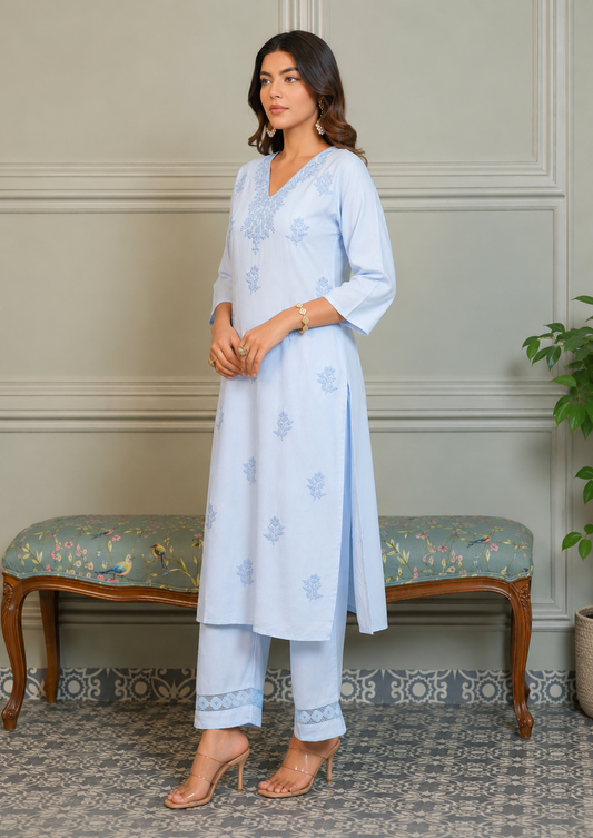 Women’s Sky Blue Chikankari Embroidered Rayon Co-Ord Set