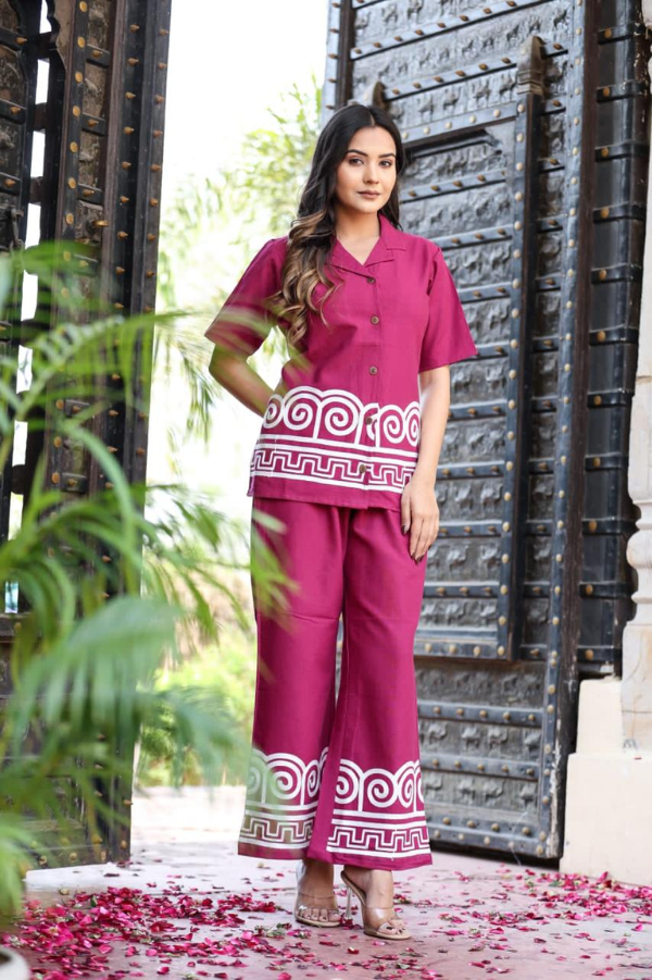 Premium Cotton Flex Embroidered Co-Ord Set | Stylish Button-Down Top & Palazzo | Luxe Comfort & Heritage Design - Nakh Clothing
