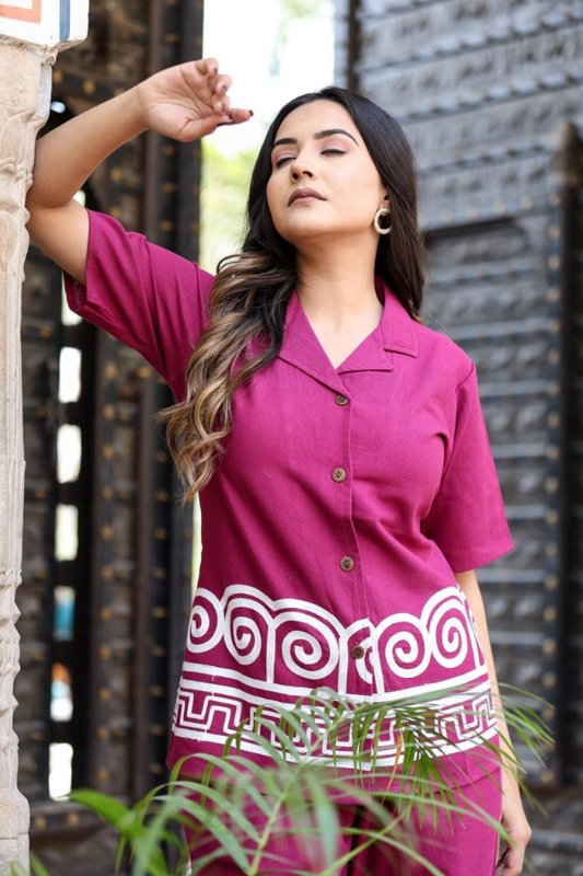 Premium Cotton Flex Embroidered Co-Ord Set | Stylish Button-Down Top & Palazzo | Luxe Comfort & Heritage Design - Nakh Clothing