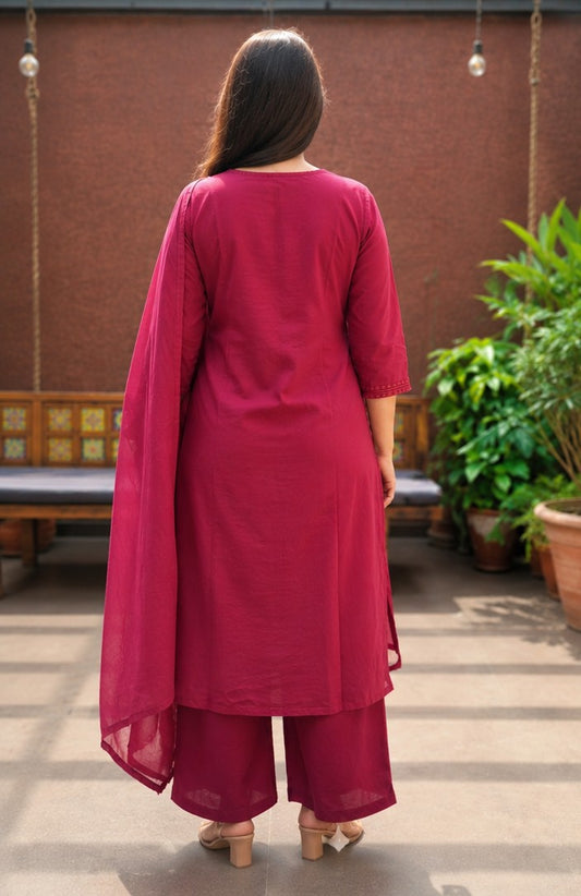 Fuchsia Cotton Angrakha 3 Piece Kurta Set with Embroidered Panel