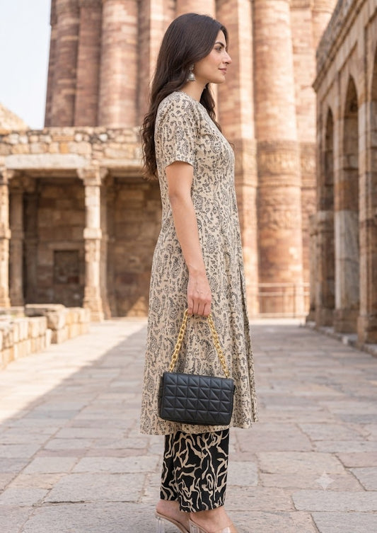 Beige Worli Print A-Line Kurta with Culottes Palazzo Co-ord Set - Nakh Clothing