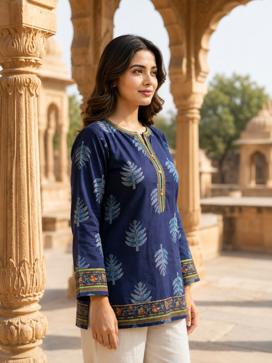 Blue Relax Fit Cotton Tunic with Leaf Print