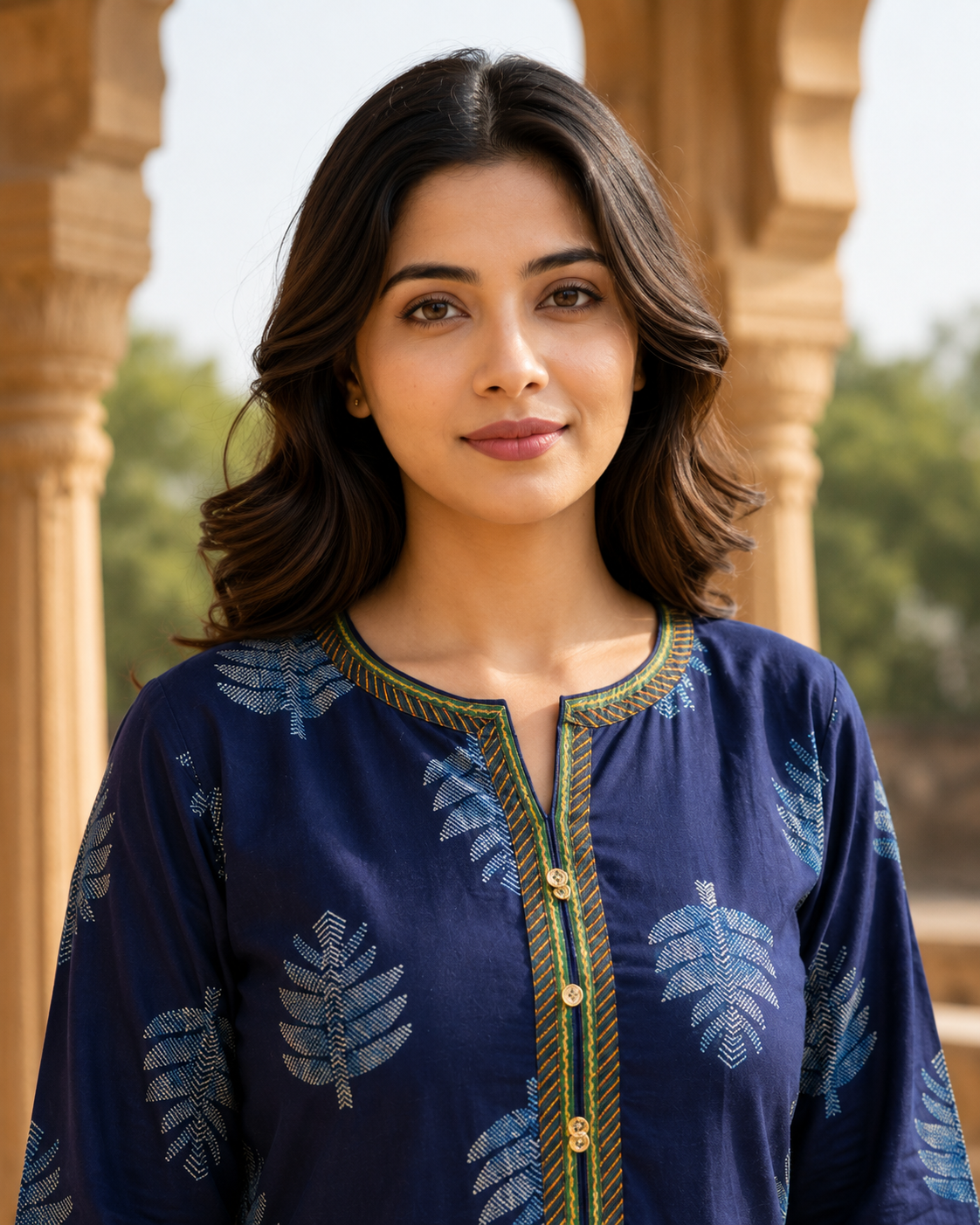 Blue Relax Fit Cotton Tunic with Leaf Print