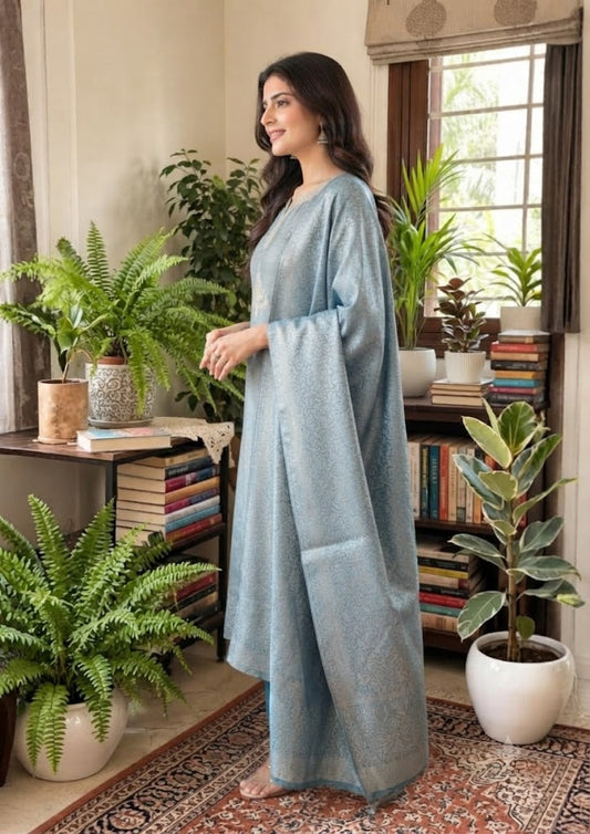 Blue Giraffe Silk Jacquard Partywear Kurta Set with Pants & Dupatta