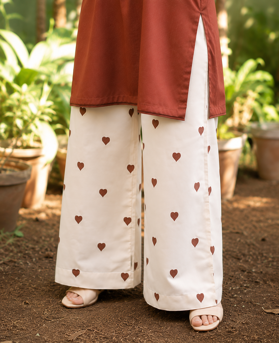 "Rust Brown Cotton Kurta with Heart Print Palazzo Set"
