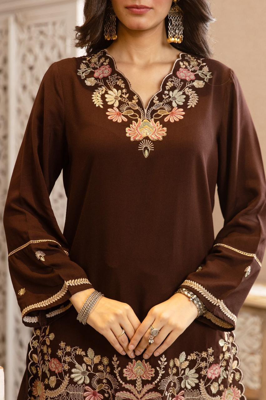 Brown Embroidered Cotton Co-Ord Set with Floral Cutwork Hem"