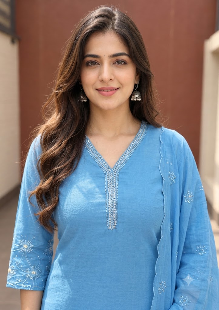 Powder Blue Kurta Pant Set with Embroidered Dupatta | Mul Chanderi 3PC Suit