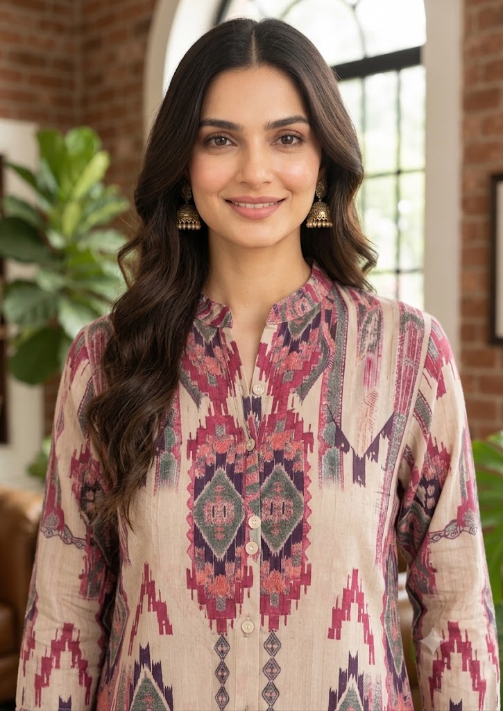 Beige Natural Crepe Shirt Tunic with Mandarin Collar
