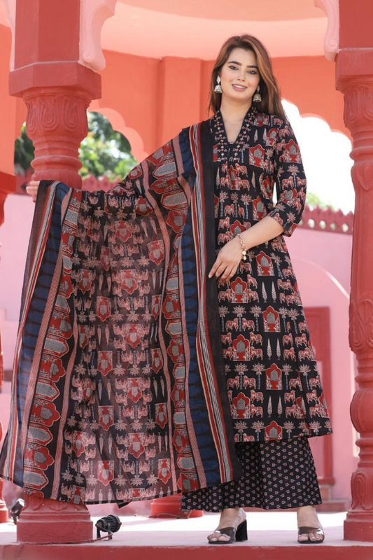 Black Ajrakh-Inspired Ethnic Printed Kurta Set with Dupatta – Festive Cotton Suit for Women - Nakh Clothing
