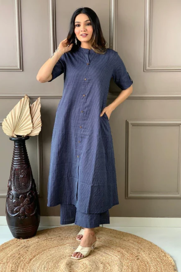 Blue Cotton Kantha Printed Kurta with Pant – Summer Co-Ord Set for Women - Nakh Clothing