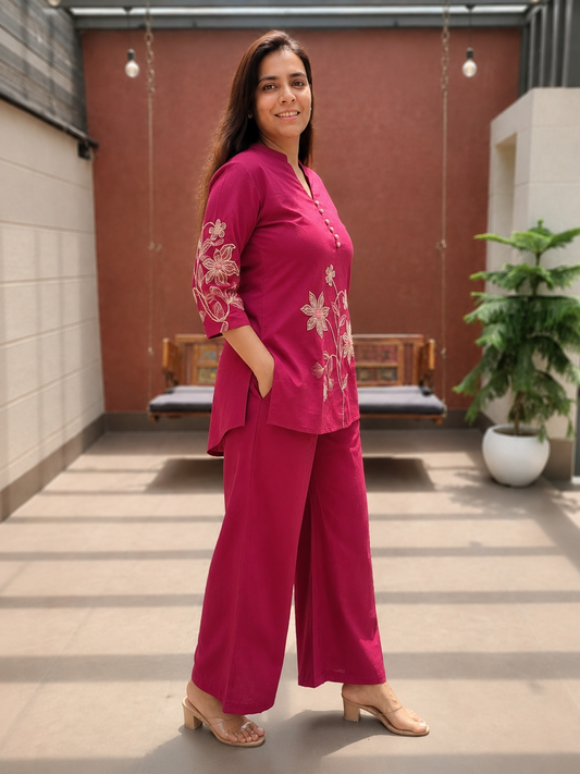Elegant Embroidered Co-Ord Set in Fuchsia Cotton Flex