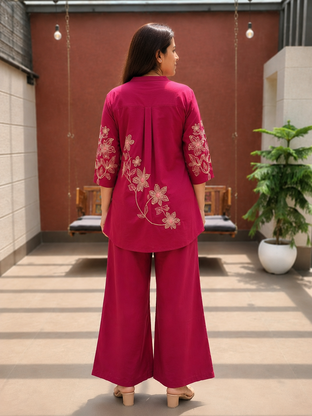 Elegant Embroidered Co-Ord Set in Fuchsia Cotton Flex