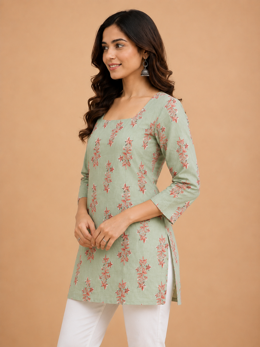 "Sage Green Floral Print Cotton Short Kurti for Women"