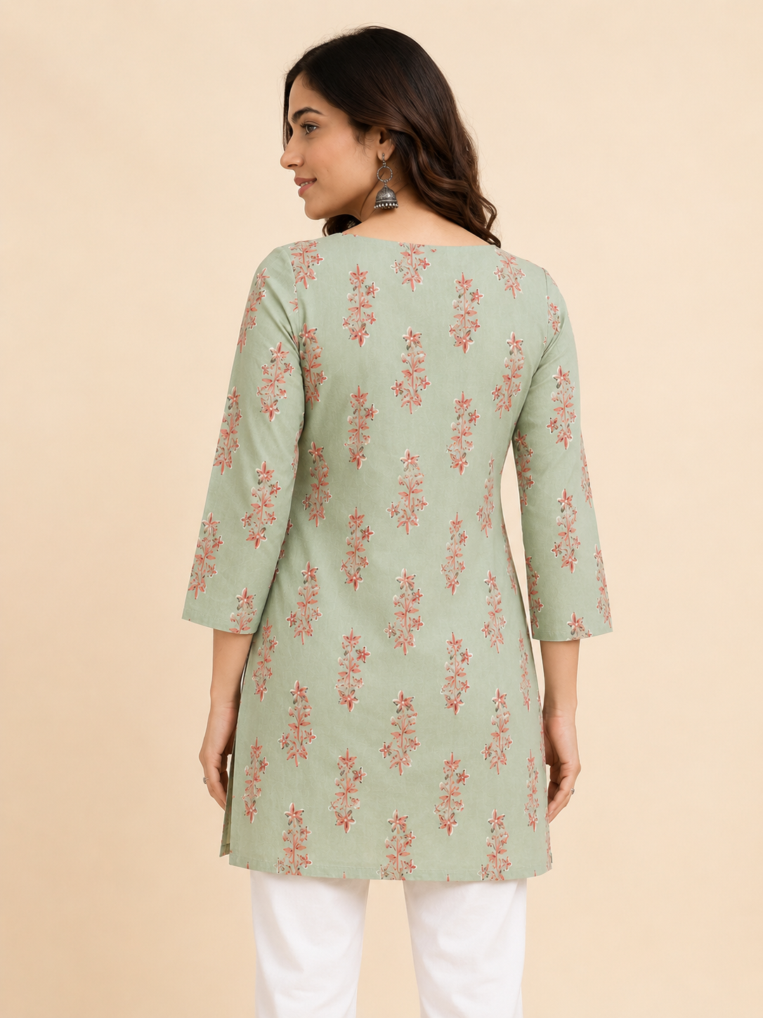 "Sage Green Floral Print Cotton Short Kurti for Women"