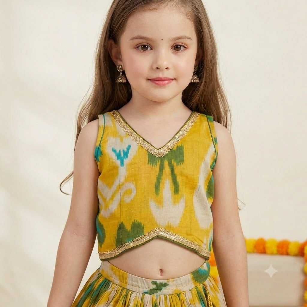Girls Cotton Lehenga Choli Set in Yellow Print with Green Border