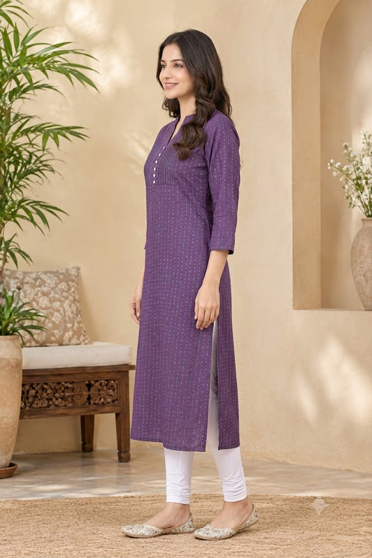 Purple Striped Cotton Straight Kurti
