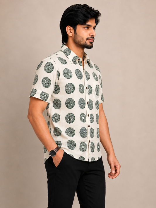 Men's Ecru Green Medallion Print Cotton Shirt – Short Sleeve - Nakh Clothing