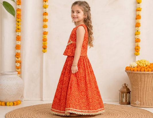 Girls Festive Ethnic Wear – Orange Cotton Lehenga Choli with Gold Lace Border" - Nakh Clothing