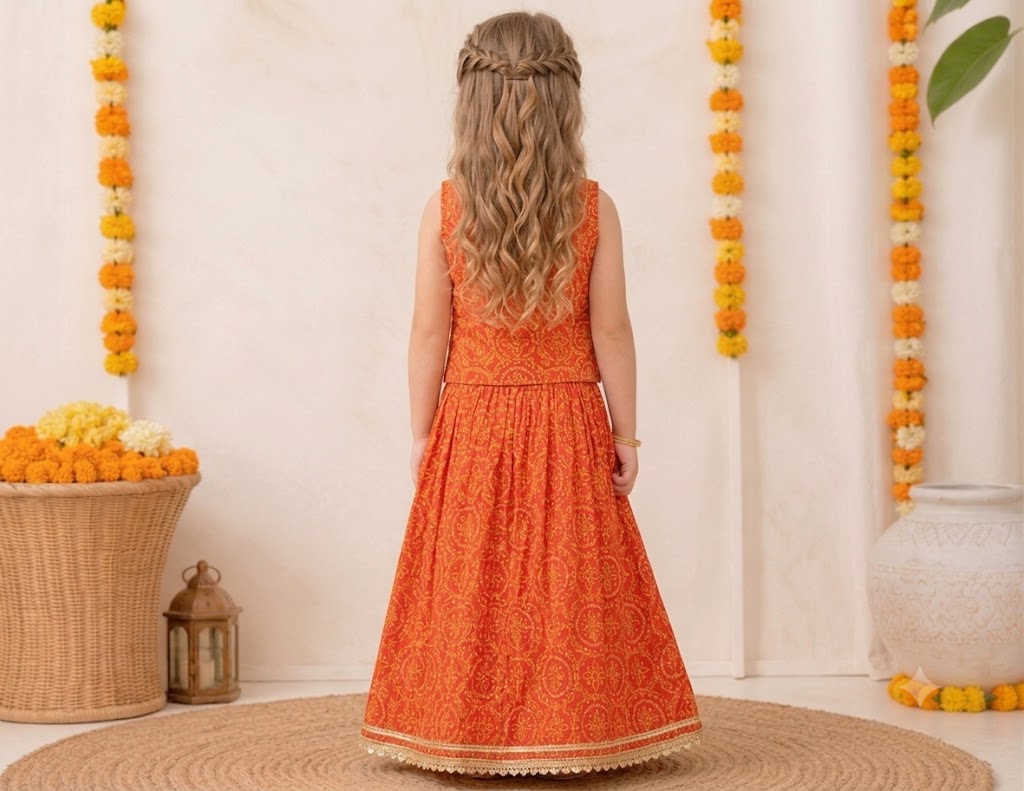 Girls Festive Ethnic Wear – Orange Cotton Lehenga Choli with Gold Lace Border"