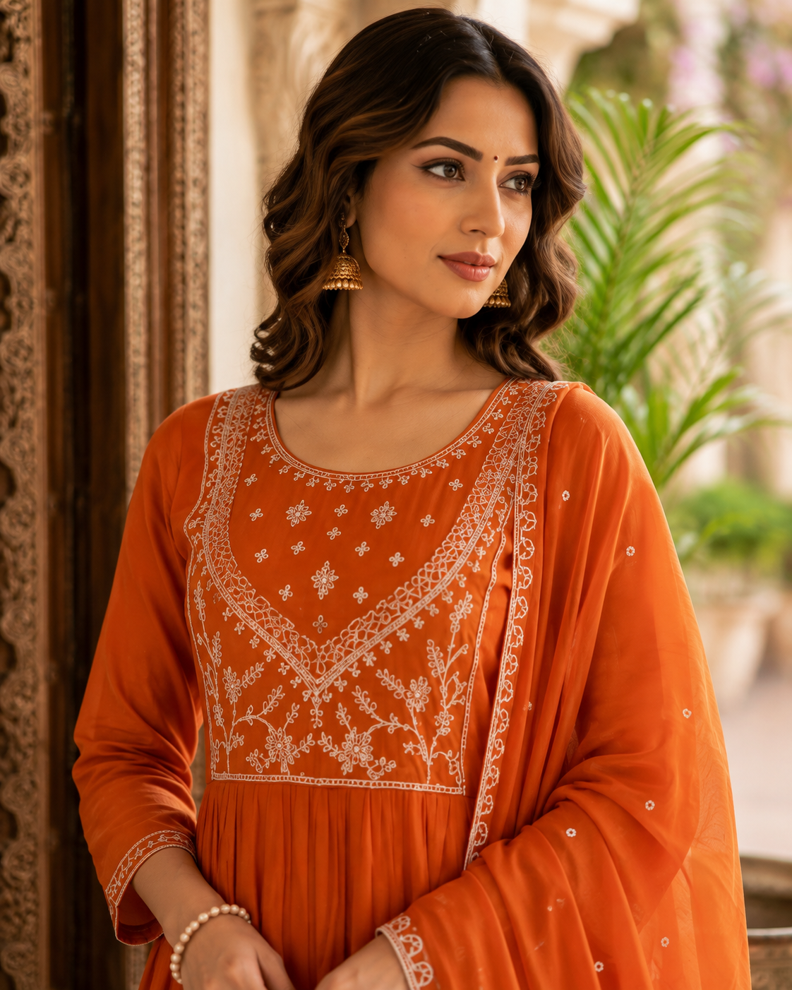 Rust Orange Mul Chanderi A-Line 3 Piece Suit Set – Heavy Zari Embroidered Kurti with Plazzo and Dupatta, Cotton Lining.