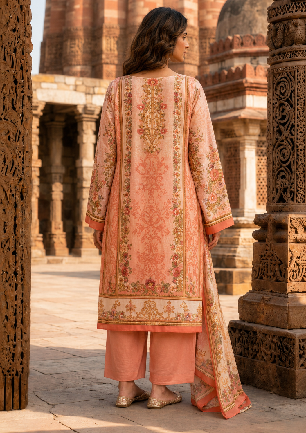 Peach Floral Printed Mul Cotton Suit Set with Dupatta for Women | Mirror Work Ethnic Wear