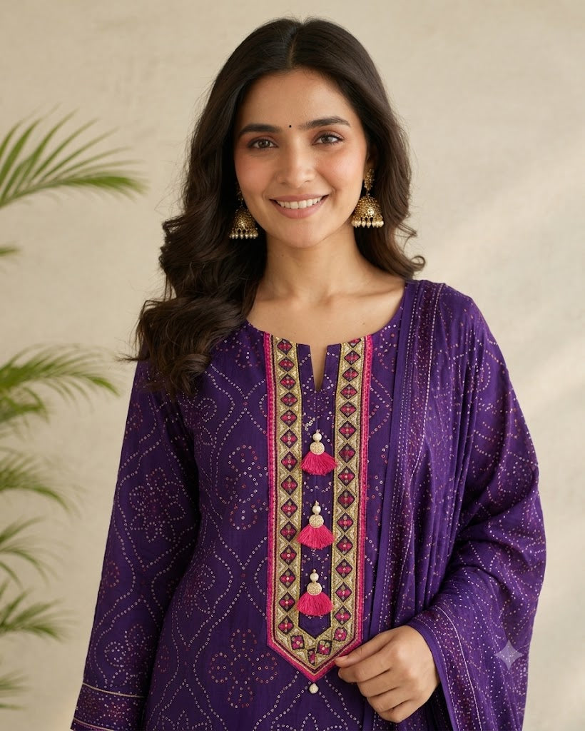 Purple Bandhani Print Cotton Kurti Palazzo Set with Dupatta | Embroidered 3PC Suit for Women