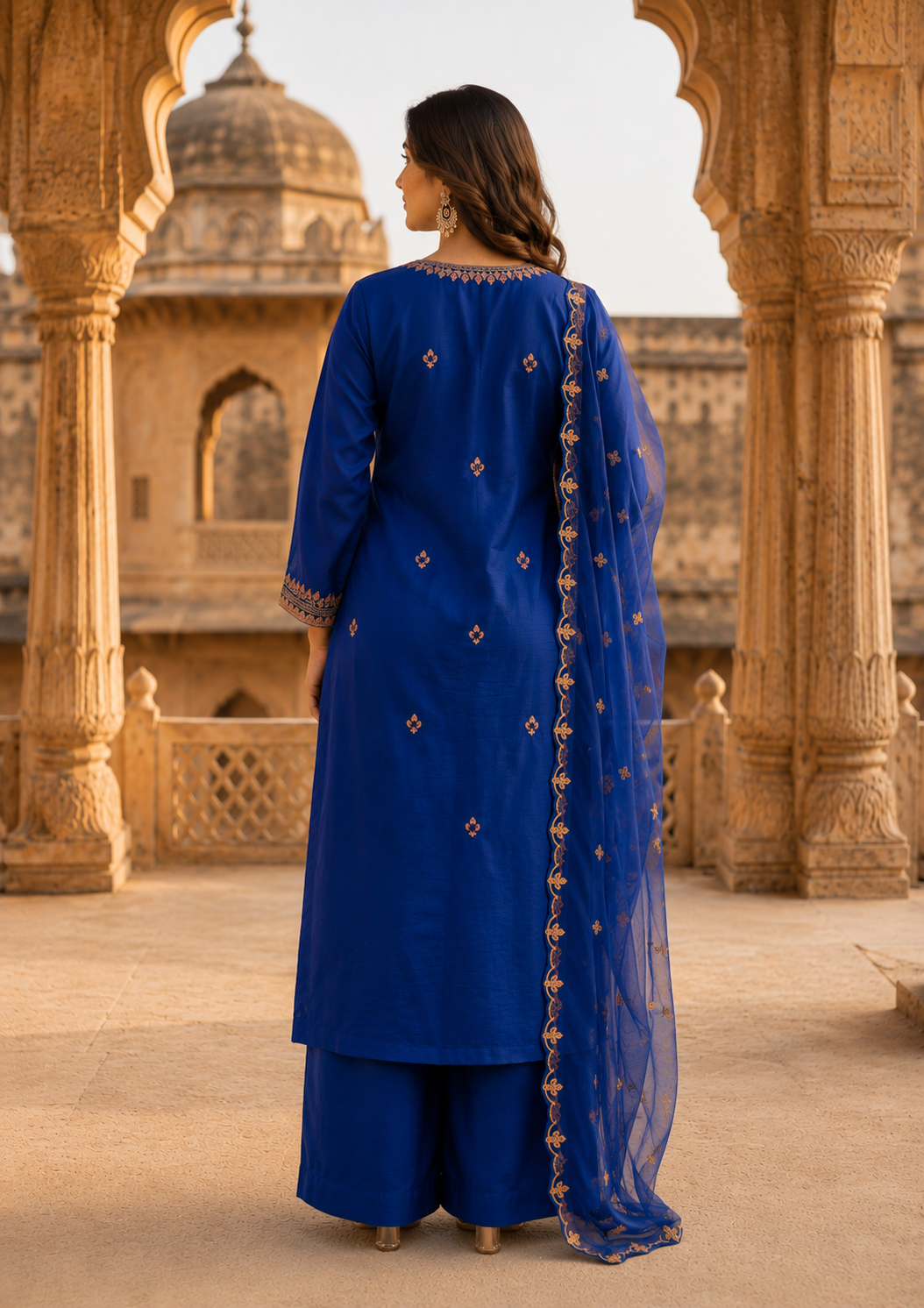 Royal Blue Embroidered Short Kurta 3PC Suit for Women | Dola Silk with Organza Dupatta