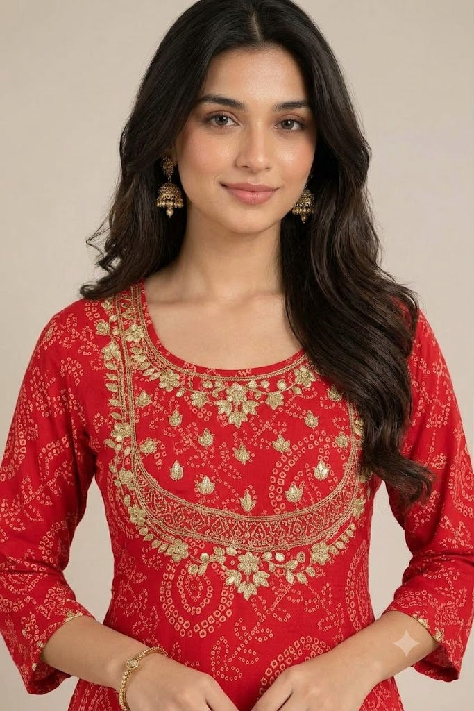 Red Bandhani Print Georgette 3-Piece Kurta Set | Festive Wear for Women