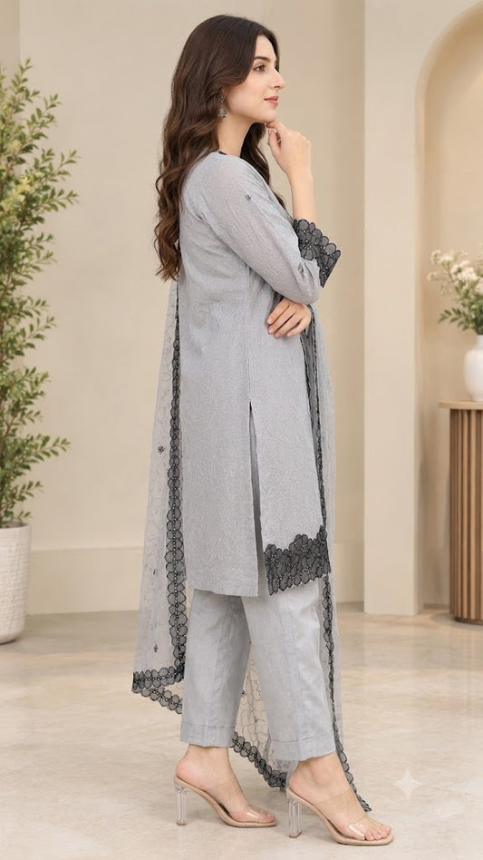 Grey Crush Tissue Suit with Contrast Black Embroidered Border – 3PC Set