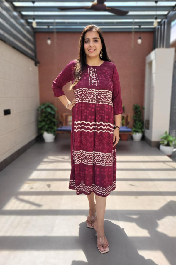 Rayon Crush Bobbin Lacing Block Print A-Line Midi Dress for Women - Ethnic Summer Wear - Nakh Clothing