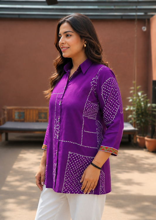 Purple Classic Silk Shirt Tunic for Women | Bandhani Print with Bird Motif - Nakh Clothing
