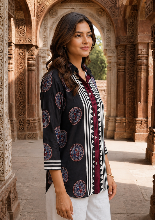 Women's Black Crepe Tunic with Geometric Print & Medallion Design