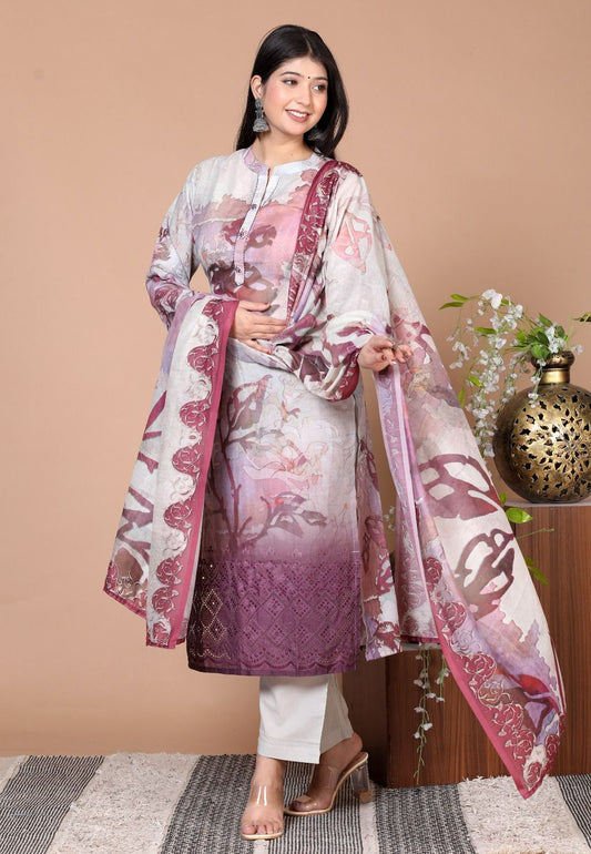 Elegant Cotton Schiffli Digital Print Hand-Embroidered Suit - Nakh Clothing
