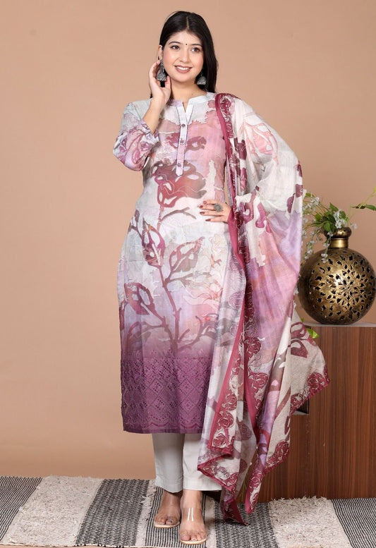 Elegant Cotton Schiffli Digital Print Hand-Embroidered Suit - Nakh Clothing