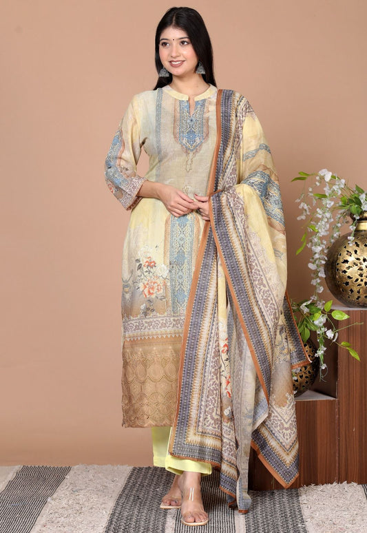 Elegant Cotton Schiffli Digital Print Hand-Embroidered Suit - Nakh Clothing