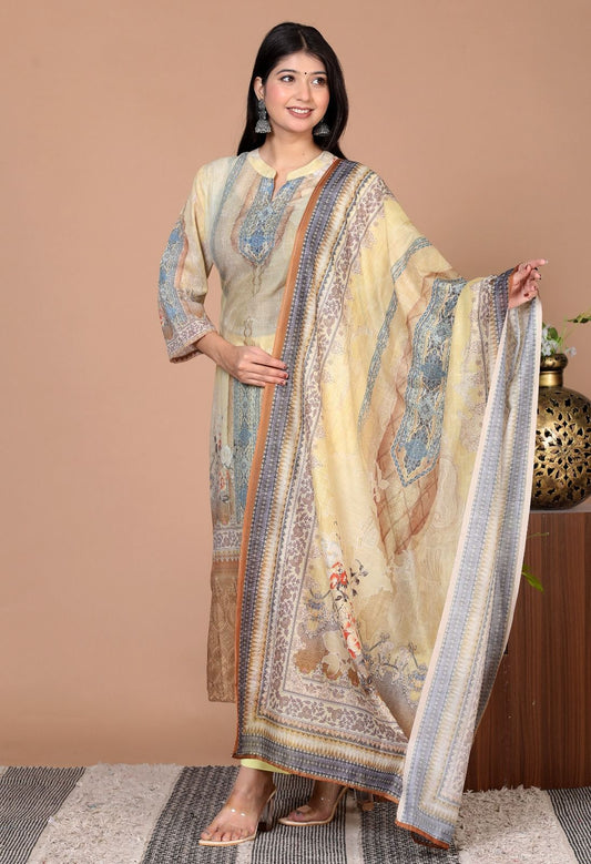 Elegant Cotton Schiffli Digital Print Hand-Embroidered Suit - Nakh Clothing