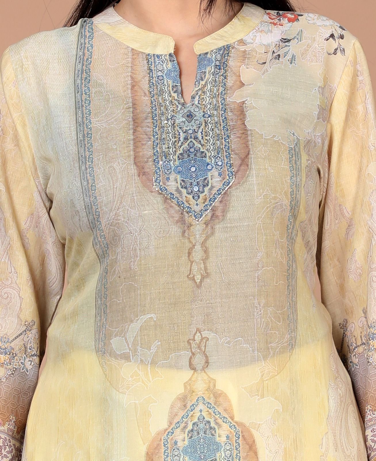 Elegant Cotton Schiffli Digital Print Hand-Embroidered Suit - Nakh Clothing