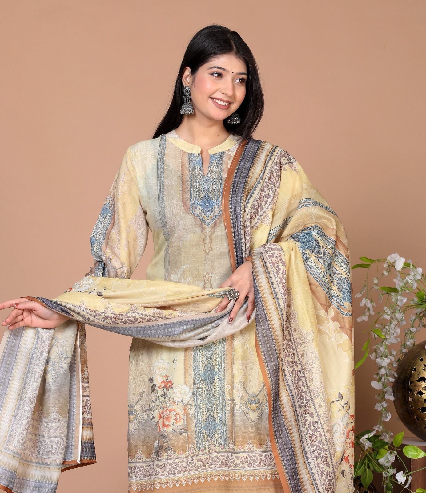 Elegant Cotton Schiffli Digital Print Hand-Embroidered Suit - Nakh Clothing