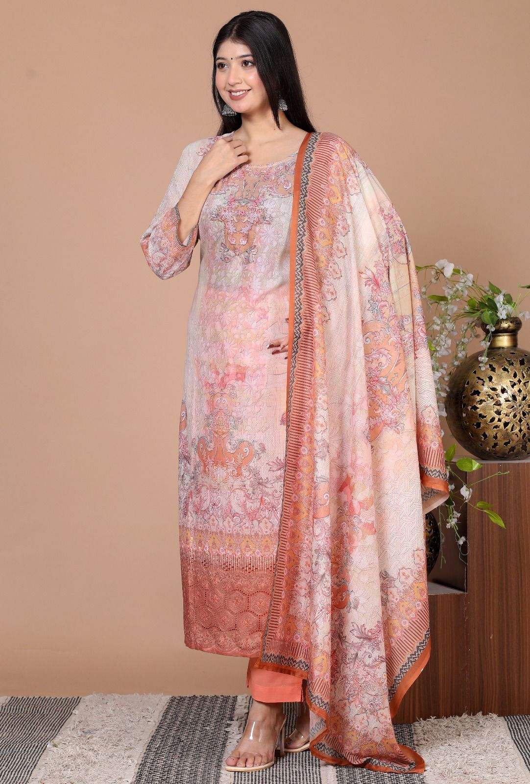 Elegant Cotton Schiffli Digital Print Hand Embroidered Suit - Nakh Clothing