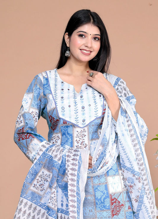 Elegant Cotton Schiffli Digital Print Hand-Embroidered Suit - Nakh Clothing