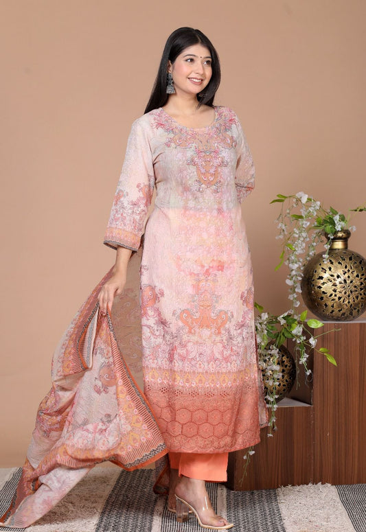 Elegant Cotton Schiffli Digital Print Hand Embroidered Suit - Nakh Clothing