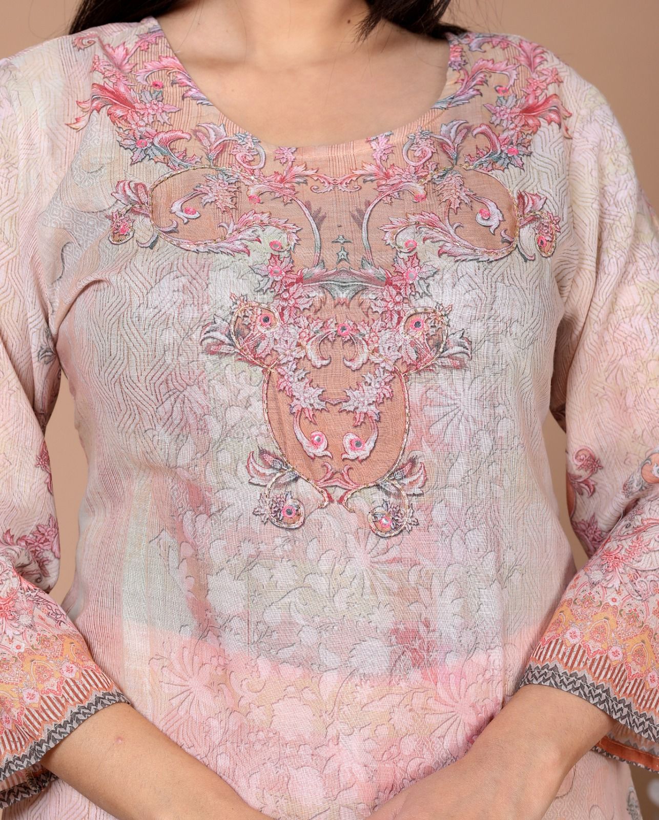 Elegant Cotton Schiffli Digital Print Hand Embroidered Suit - Nakh Clothing