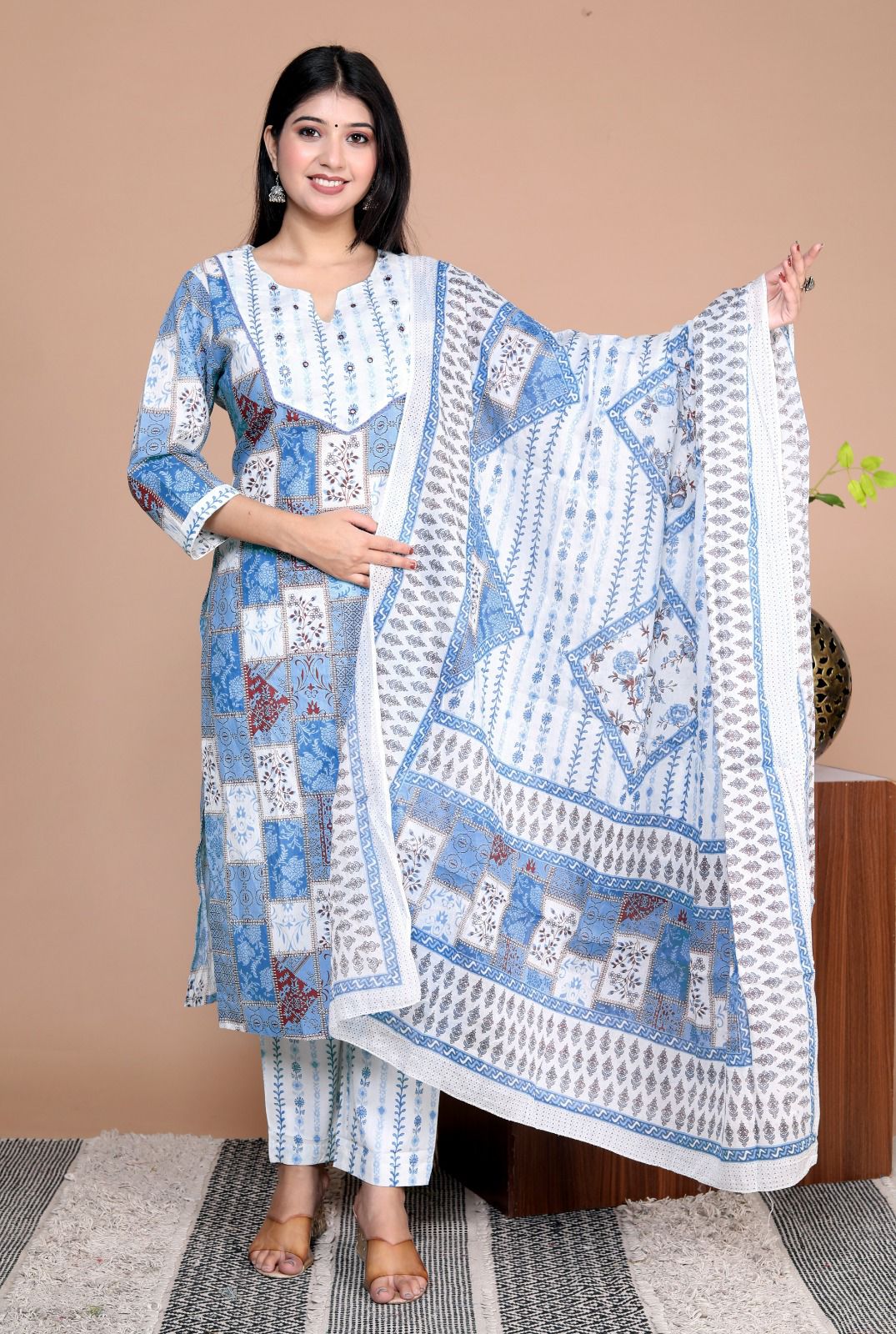 Elegant Cotton Schiffli Digital Print Hand-Embroidered Suit - Nakh Clothing