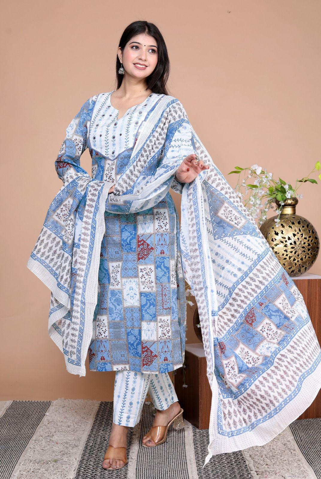 Elegant Cotton Schiffli Digital Print Hand-Embroidered Suit - Nakh Clothing