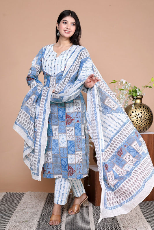 Elegant Cotton Schiffli Digital Print Hand-Embroidered Suit - Nakh Clothing